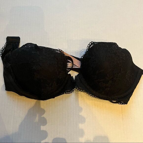 Victoria Secret plunge bra Black 34D lace trimmed underwire lightly padded - Picture 3 of 14